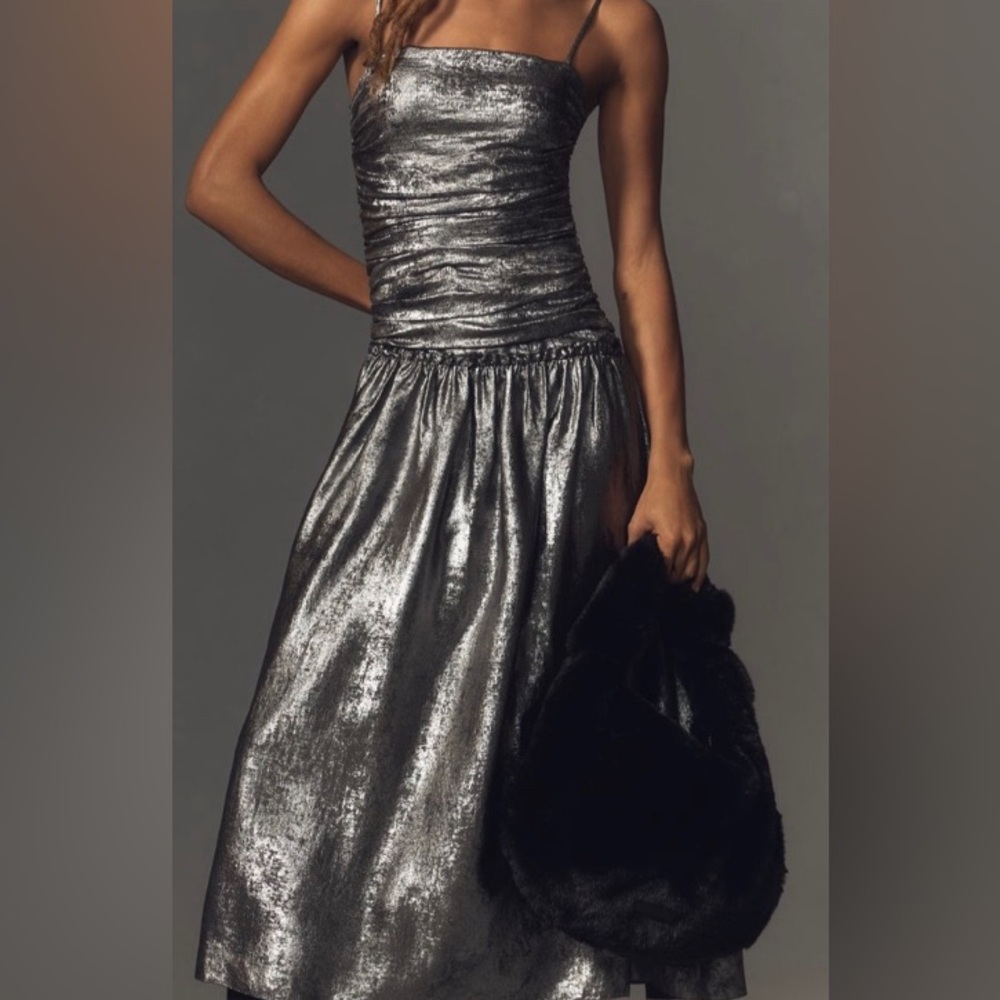 Anthropologie Metallic Silver Slip Dress